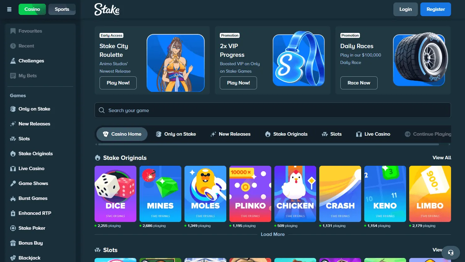 Stake Casino desktop games interface