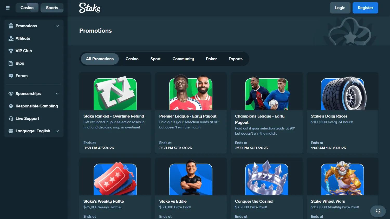 Stake Casino desktop promotions interface