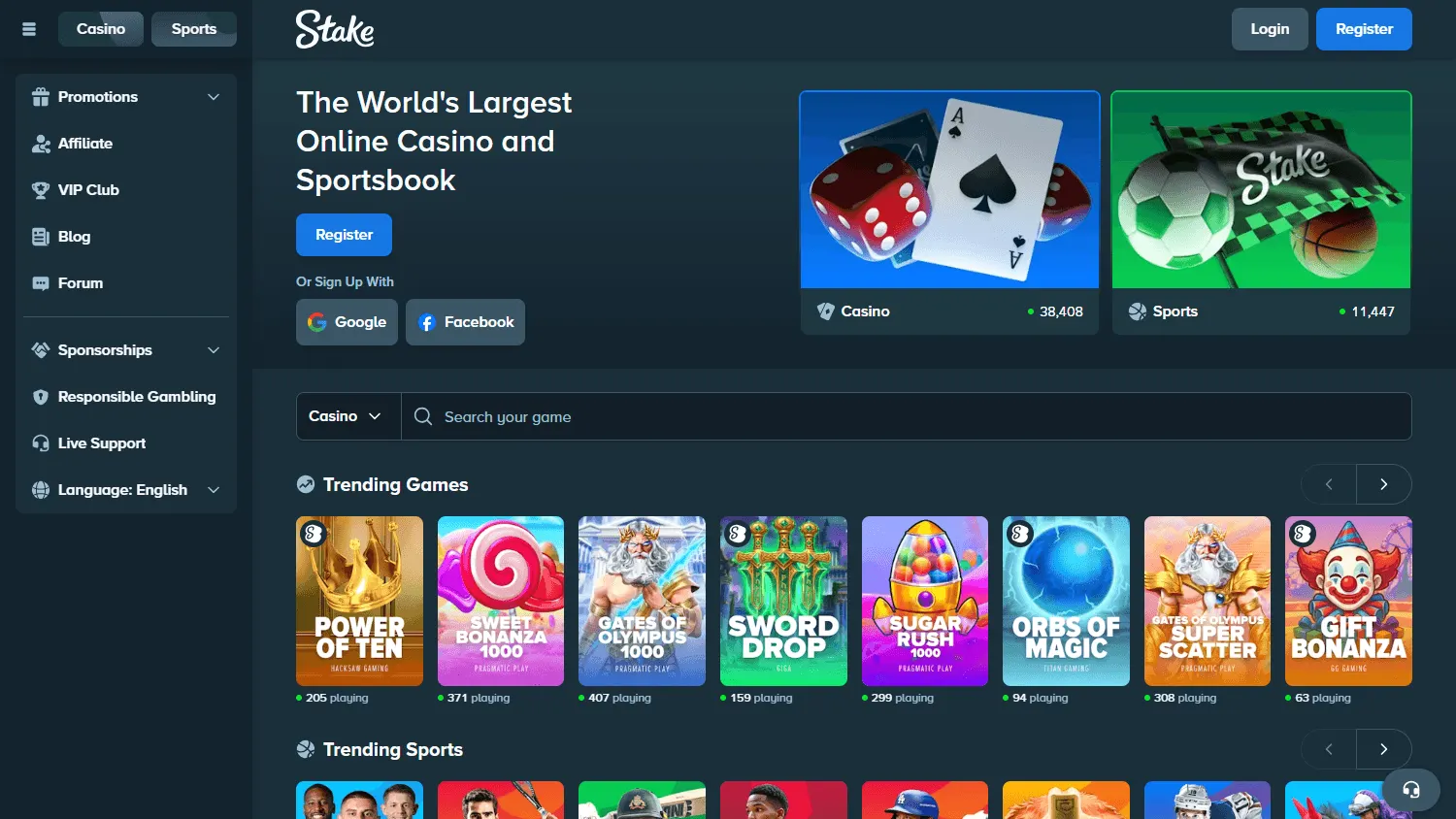 Stake Casino desktop home interface