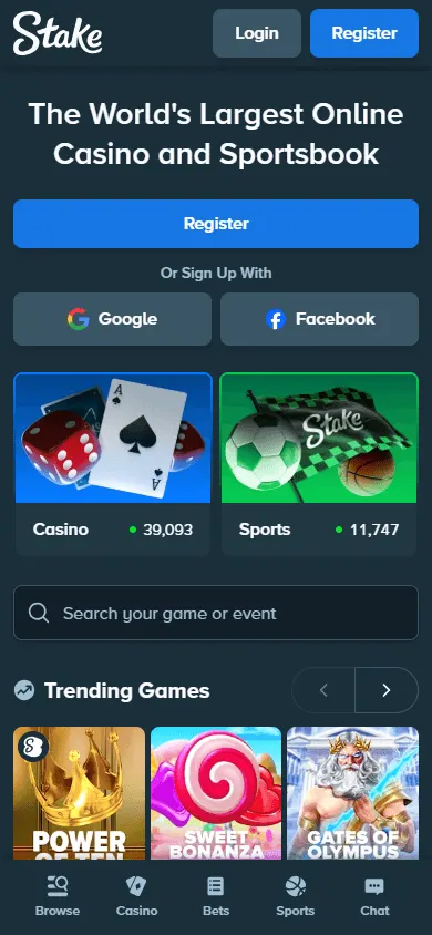 Stake Casino mobile home interface