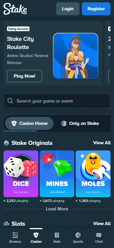 Stake Casino mobile games interface